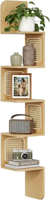 Immagine prodotto di Pianca angolare - Scaffale da parete sospeso con 5 ripiani - Design a zig-zag - Aspetto rattan - 20 x 20 x 126 cm - Marrone