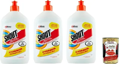 Produktbild von Shout Scioglimacchia Liquido, Smacchiatore Bucato Tripla Azione, Fleckenentferner für die Wäsche, sicher für weiße und bunte Wäsche, 3 Stück à 500 ml + Italian Gourmet polpa 400gr