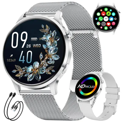 Immagine prodotto di Smartwatch da donna con display AMOLED, ultra-sottile, dotata di 2 cinturini e 2 cavi di ricarica, 116 modalità sportive, resistente all'acqua (IP68), orologio sportivo compatibile con Android e iOS, modello FV23-E, colore grigio argento