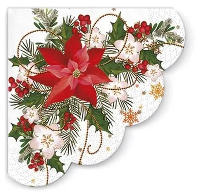 Produktbild von 12 Servietten rund Poinsettia Composition - Weihnachtsstern im Gesteck Ø32cm