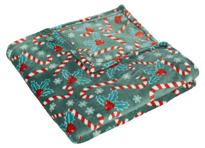 Produktbild von ATMOSPHERA | Wohndecke - Weihnachtsdecke - grün mit bunten Zuckerstangen - 130 x 180 cm - Weihnachtsdeko - Decke