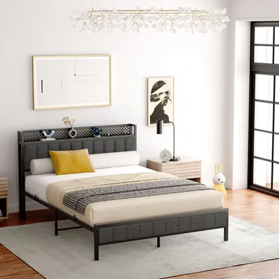 Produktbild von STILVORA Polsterbett Metallbett Kopfteil mit Steckdose, Bettgestell Jugendbett mit 2 USB-Ladeanschlüssen, LED-Beleuchtung 140x200 cm,ohne Matratze
