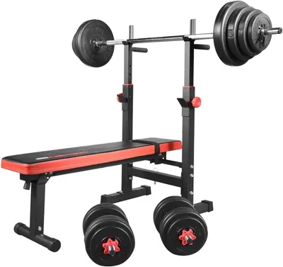 Zdjęcie produktu dla Ławka do ćwiczeń – Ławka fitness – Trening siłowy – Składana konstrukcja – Udźwig 250 kg – Czarno-czerwona