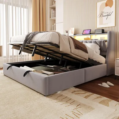 Immagine prodotto di Letto imbottito 180x200 cm, con illuminazione a LED, dotato di porta USB, con spazio contenitore e ripiani, colore grigio chiaro