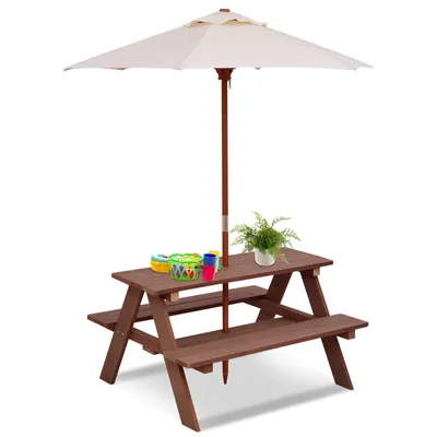Produktbild von COSTWAY Kinder Sitzgruppe mit abnehmbarem Sonnenschirm, Kindermöbel Holz Sitzgarnitur Kindertisch Picknickbank 4 Sitze verfügbar