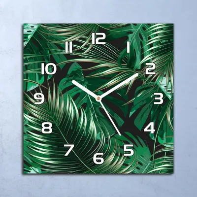 Produktbild von Deko Glasuhr Wanduhr 30x30 Dunkle Tropenblätter Quarz Küchenuhr Bürouhr