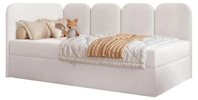 Obrázek produktu pro Dětská postel FINO 120x200, levá strana, úložný prostor, matrace Bonell, bílá, bouclé
