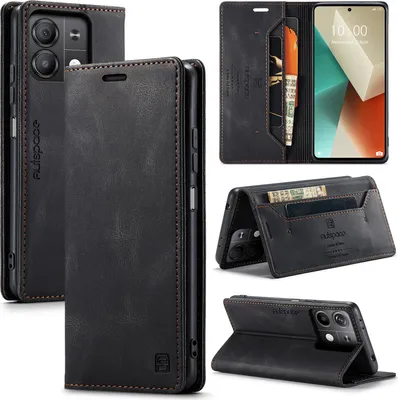 Image de Etui pour Xiaomi Redmi Note 13 5G, étui rétro en cuir PU, support et étui de protection noir