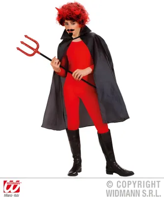 A person dressed in a devil costume, holding a trident.