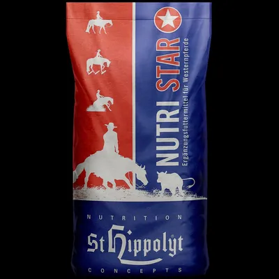 A product bag for horse feed, featuring illustrations of horses and riders.