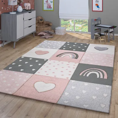 Produktbild von TT Home Teppich Kinderzimmer Kinderteppich Regenbogen Punkte Herz Kurzflor Pastell Größe 120 cm Rund