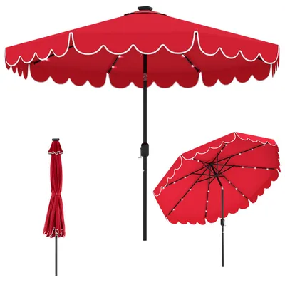 Zdjęcie produktu dla Parasol ogrodowy COSTWAY 300 cm z oświetleniem LED, 8 żeberek, korbą i falbaną, z możliwością pochylania o 35° w obie strony, parasol tarasowy, parasol targowy, kolor czerwony