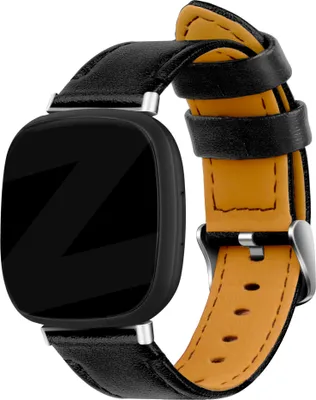 Produktbild von Bandz Lederarmband passend für Fitbit Versa 3 / Versa 4 / Sense / Sense 2 - Lederarmband mit Schnallenverschluss - Schwarzes Lederarmband