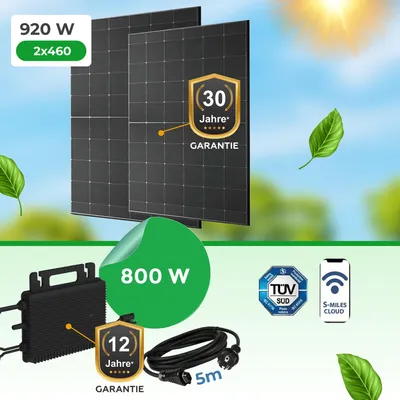 Produktbild von Balkonkraftwerk 920Watt mit Hoymiles HMS 800W Wechselrichter. PV Module 2 x 460 Watt bifazialen Glas-Glas-Modulen