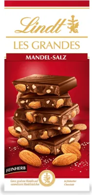 Zdjęcie produktu dla Lindt Les Grandes Almond Salt w delikatnej gorzkiej czekoladzie 150g