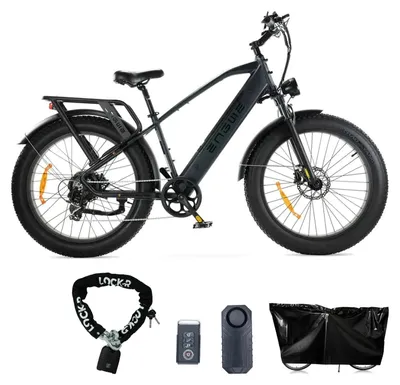 Immagine prodotto di ENGWE E26 - Fat bike elettrica - Set con lucchetto a catena, allarme bici e telo antipioggia - 26 pollici - Motore 250W - Autonomia 75 km - 7 marce - Freni a disco idraulici - Batteria 768Wh - Nero