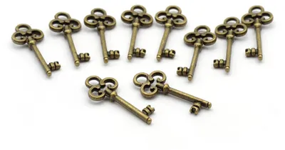 Produktbild von Vintageparts Anhänger Schlüssel Metall antik bronzefarben verziert 21 x 9 mm für Ohrringe und Ketten, 10 Stück