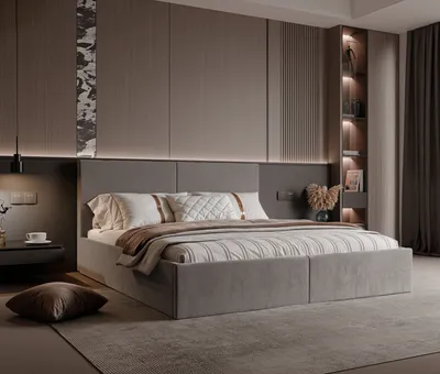 A modern bedroom with a large bed, nightstand, and shelving unit.