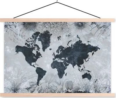 Produktbild von MuchoWow® Textilposter Weltkarte - Blumen - Vintage 60x40 cm mit holzfarbenen Rahmen - Bilder