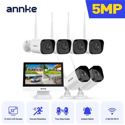 Zdjęcie produktu dla Bezprzewodowy zestaw kamer bezpieczeństwa 5MP z 10-kanałowym rejestratorem NVR i 12-calowym ekranem LCD do użytku zewnętrznego