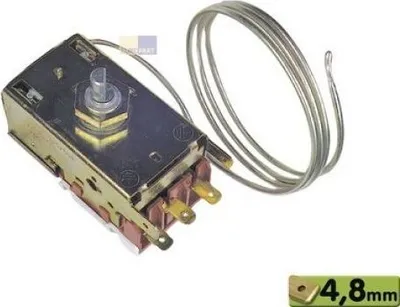 A thermostat with a coiled temperature sensor.