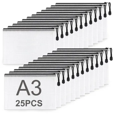 Immagine prodotto di Custodie per documenti formato A3, con cerniera, confezione da 25 pezzi, colore nero, in PVC con rete trasparente, dimensioni 44x31,5 cm