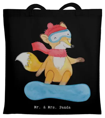Produktbild von Mr. & Mrs. Panda Jutebeutel Hase Snowboarden - Schwarz - Geschenk, dokumententasche, Snowboard, studententasche, Wintersport, Laptoptasche, Tasche, Winterurlaub