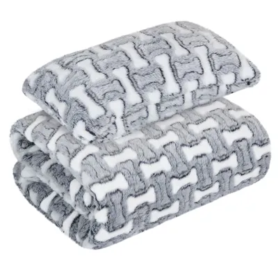 Produktbild von Domarex Woofie Haustierdecke 100 x 70 cm mit Kissen 20x30cm Knochen Weiche Polar Fleece Decke für Hund & Katze – Sofa, Auto, Transportbox, Körbchen