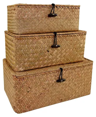 Produktbild von 3er-Set Geflochtene Aufbewahrungskörbe aus Rattan mit Deckel, Seegraskorb, Weidenkorb für Schlafzimmer, Wohnzimmer und Küche zur Aufbewahrung von Haushaltsgegenständen