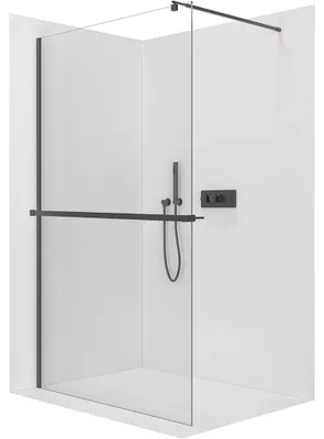 Image de Paroi de douche walk-in Onyx Round, gauche/droite - 10 mm + étagère/porte-serviettes - profilé rond - noir mat, verre transparent - 120x200 cm