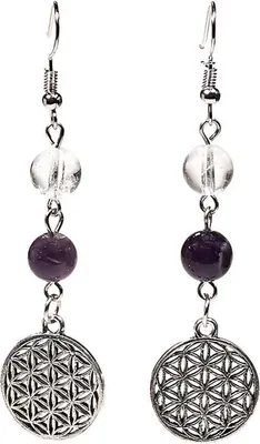 Immagine prodotto di Orecchini Cristallo Di Rocca/Ametista + Fiore Della Vita - 8mm Confezione Da 5 Pz