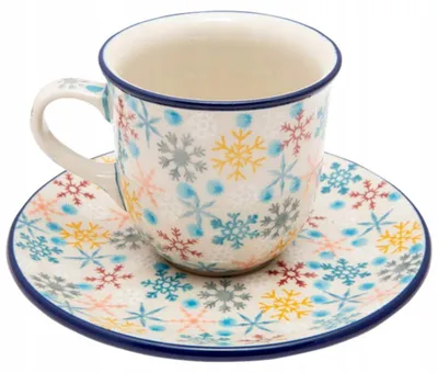 Produktbild von Bolesławiec Handgefertigte Tasse 180ml mit Untertasse Wintermuster