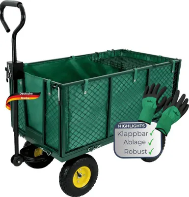 Produktbild von Bollerwagen mit Luftreifen HUMO - 550kg belastbar, Gummireifen | Transportwagen herausnehmbare Plane Gartenwagen Klappbare Gitterwände, Grün