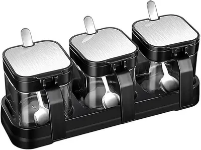 Imagen del producto de Juego de especias de vidrio con tapas de acero inoxidable y cucharas, recipiente hermético para especias, saleros s, botellas, utensilios de cocina, juego de 3 piezas