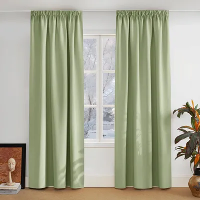 Image de Rideaux occultants à volants, lot de 2, dimensions 245 cm de hauteur x 140 cm de largeur, couleur vert feuille, rideaux thermiques