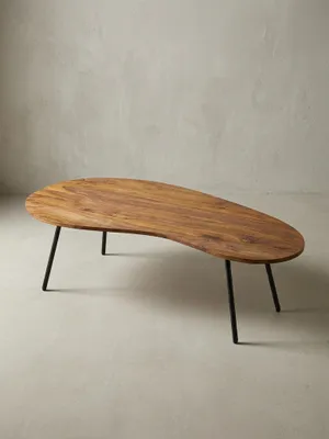 Produktbild von Retro-Couchtisch "Calabria": Massivholz, Metallbeine, Pflegeleichte Tischplatte, Nierenform. Braun, 122x63x36 cm | Kadima Design