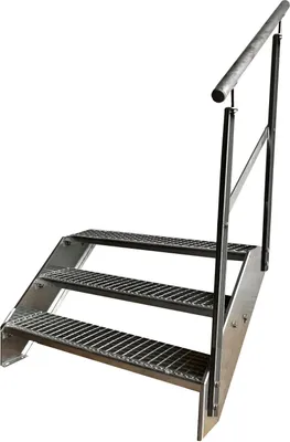 A metal staircase with a handrail against a white background.