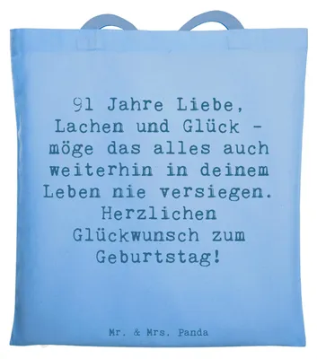 Produktbild von Mr. & Mrs. Panda Tote Bag Spruch 91. Geburtstag - Sky Blue - Geschenk, Geburtstagsspruch, Meilenstein, Liebe, Happy Birthday, Stoffbeutel, Herzlichen Glückwunsch, Tasche