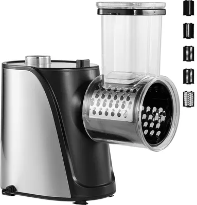 Produktbild von SucceBuy Elektrische Käsereibe und Salatzubereiter, 250 W, Edelstahl-Lebensmittelschneider mit 5 Aufsätzen, elektrischer Gemüseschneider, Zerkleinerer, Zerkleinerer für Obst, Gemüse und Käse