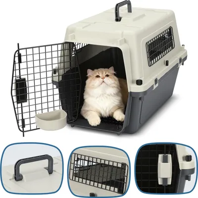 Produktbild von Izrielar Hundebox Auto Rückbank Transportbox 60.4x42x39.8cm Katzentransportbox Kaninchen Katzenkorb Transport Hundetransportbox Reisebox  Grau-Weiß