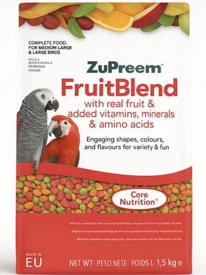 A product package for bird food, featuring images of birds and the product itself.
