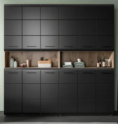 Produktbild von Badezimmer Hochschrank Set "Cover" in schwarz matt und Nox Eiche 2x Mehrzweckschrank 180 x 185 cm