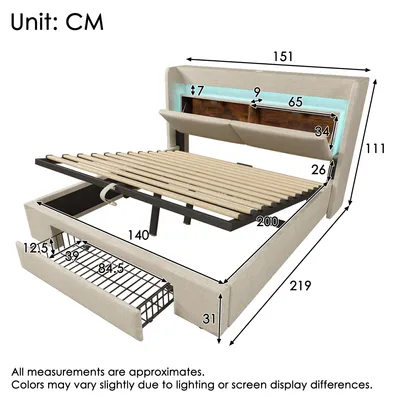 Productafbeelding van Bekleed bed 140 x 200 cm met bedbox met hydraulisch mechanisme, hoofdbord met opbergvak, LED, USB, USB-C, linnen, beige
