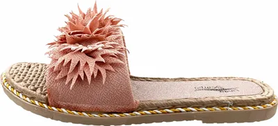 Produktbild von Damen Pantoletten Rosa mit Blüten-Detail, flacher Sohle, bequem und rutschfest