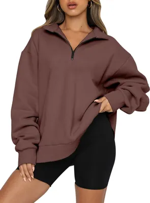 Produktbild von ASKSA Damen Sweatshirts 1/4 Reißverschluss Pullover Langarm Oversized Tunika Oberteil Tops, Kaffee, M