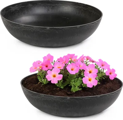 Produktbild von Runde bauchige 37 cm Pflanzschale für draussen, schwarz marmoriert