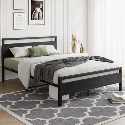 Produktbild von Bettgestell 120x200 cm aus Metall & Holz – stabiles Einzelbett mit Lattenrost & Stauraum, Gästebett/Jugendbett
