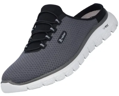 Das Bild zeigt einen grauen flachen Schuh der von der Seite betrachtet wird. Der Schuh hat eine schlichte Form und eine helle Sohle.
