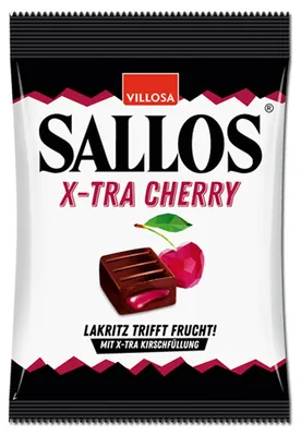 Obrázek produktu pro Sallos X Tra Cherry lékořicové bonbony s tekutou třešňovou náplní 150g