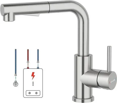 Zdjęcie produktu dla Zmieszacz prysznicowy z 3 przyłączami do podgrzewacza wody, obracany o 360°, 2 tryby strumienia wody, zmieszacz z grzałką przepływową wykonany ze stali.